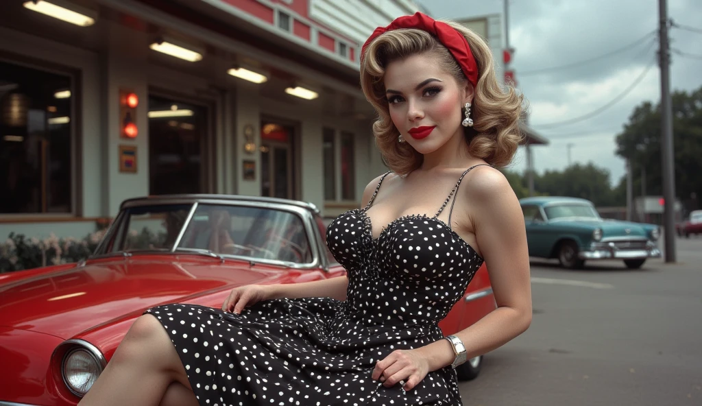 a hyper-realistic photograph of a beautiful rockabilly pin-up model leaning against a hot rod car in the parking lot of a 1950s-style diner, with an interesting camera angle and perspective, volumetric lighting, Depth of field, professional photo session, cinematic lighting. details Intricate, lifelike textures, dynamic pose