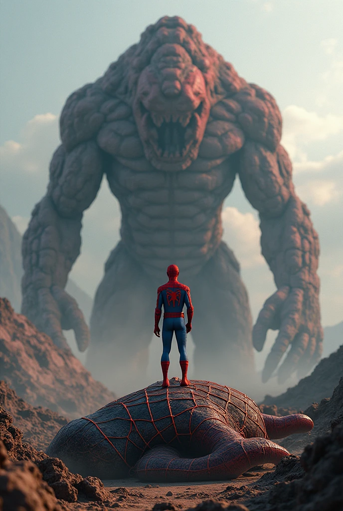 Spider man and a big Giant fighting spider man is below him