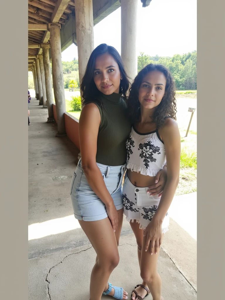 crie um personagem estilo puxar de uma mulher 33 anos, morena, cabelo curto cacheado, olhos castanhos, vestida com um short jeans e croped com um Bulldog caramelo na praia
