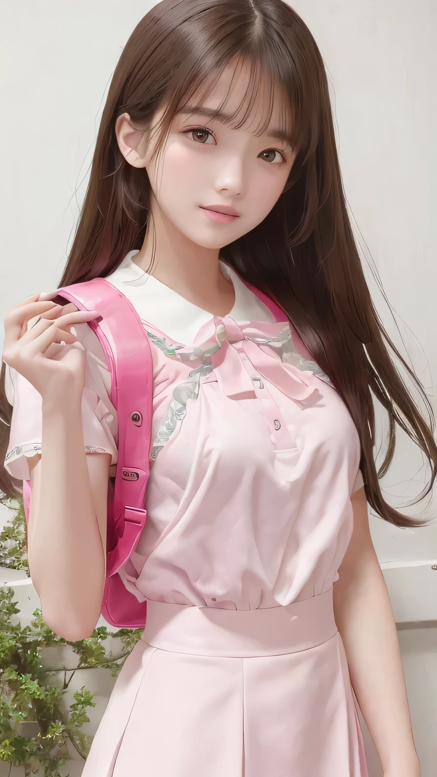 A close up of a woman in a pink dress holding a pink backpack - SeaArt AI