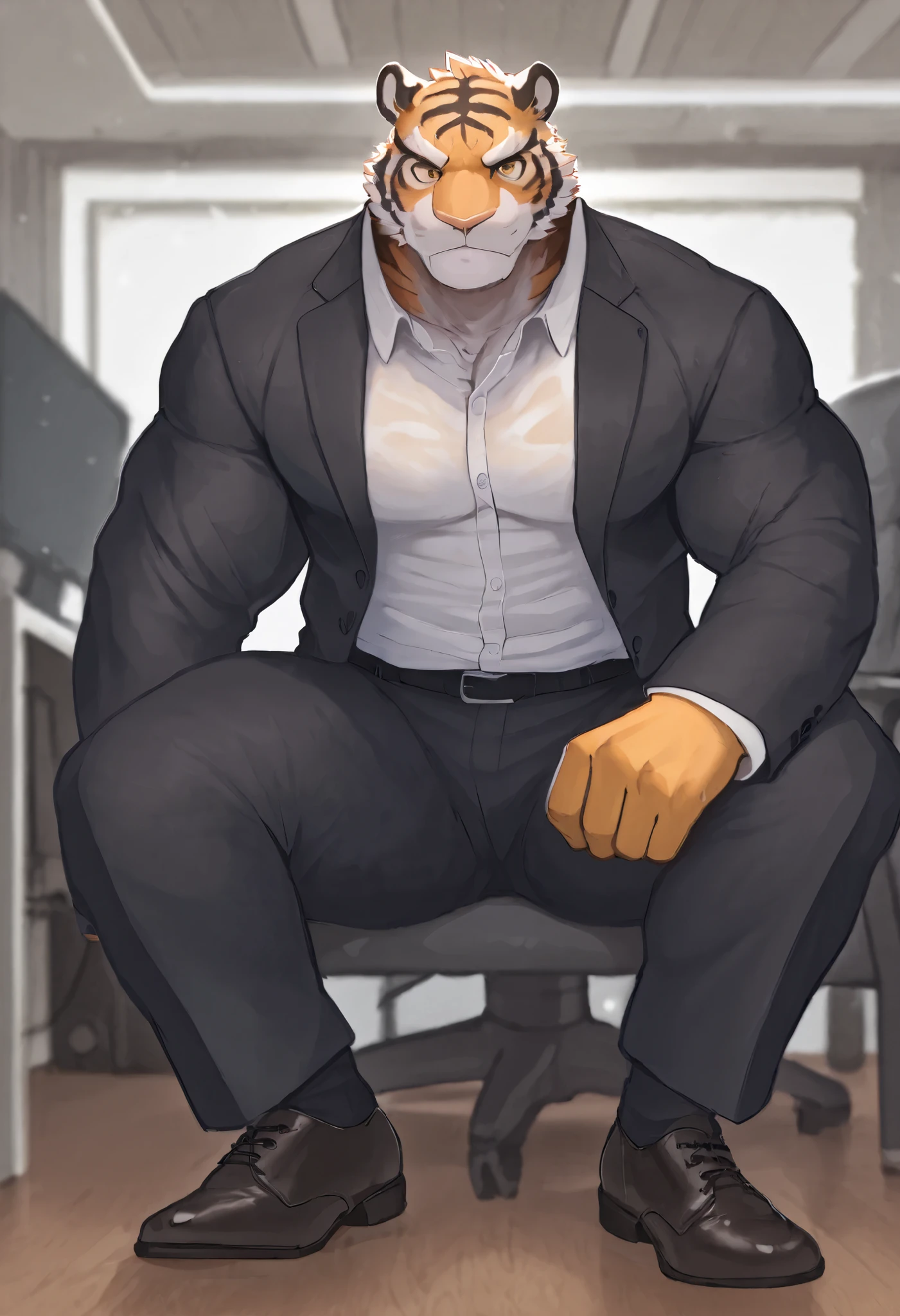 ( Best Picture Quality),( masterpiece),(((The only one))),( super detailed ),( Male tiger orc :1.5), ( skin:1.3), furry,(fur :1.3),(( golden pupils )) ,(Light colored ears ),( furry 动物 耳朵s) wet body, natural light, complex background , Detailed facial , facial details ,Character focus , black suit ,whole body, Depth of Field, perfect lighting , clearly focused ,Light Particles, Unique, office background in front of computer,Status of president ,There are beads of sweat on the body,Chest muscles,,leather shoes, Black Pants