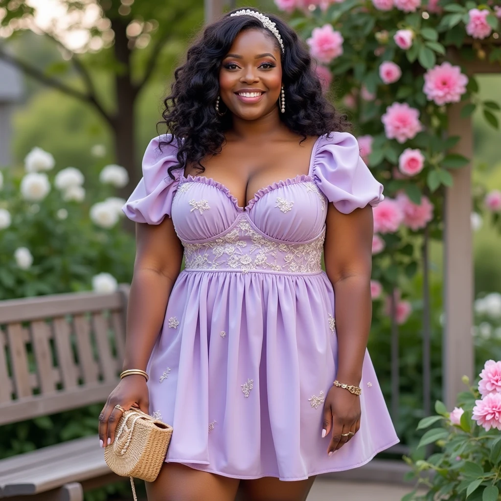 full body shot, fantasy, field full of purple butterflies, a beautiful, curvy, plump, mature, 40 year old black woman, fully dressed, walking in a colorful flower field,  surrounded by lots of purple butterflies, flying around her, giant purple butterflies flying over a colorful field of flowers, detailed eyes, detailed lips, long eyelashes, highly detailed, 8k, photorealistic, masterpiece, vibrant colors, dramatic lighting, fantasy, surreal, magical realism, clouds in the background