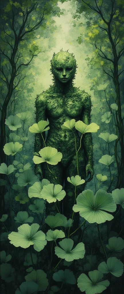 A beautiful, naked albino man with a leaf covering his face, with long dark hair and blue eyes