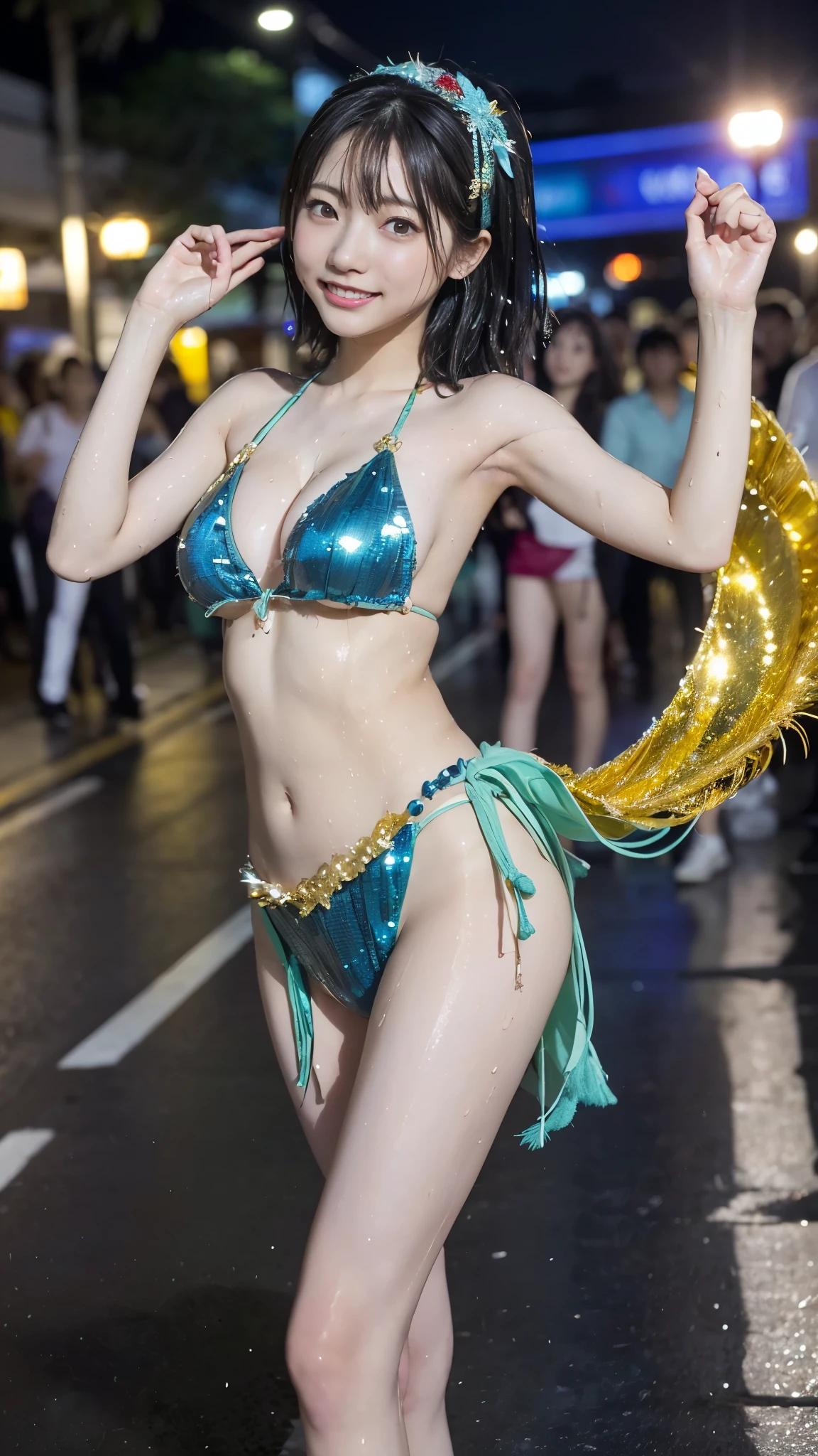 (best quality:1.2), masterpiece, Realistic, Ultra-high resolution, ((a beautiful Japanese idol 12 years old woman:1.2)), (Gaunt:1.3), (((Very flat chest:1.4))), ((Baby Face)), (show me your armpit:1.2), (sweaty armpit), ((Armpits are wet and shiny with sweat)), She has skin that sweats easily Soaking wet, Sweaty, I can see my pores, (topless:1.2), (wearing samba costumes:1.2), (dancing parade:1.3), (energetic music:1.2), (confetti-filled streets, lively atmosphere:1.2), (decorative floats:1.1), (bustling market stalls:1.2), (delicious street food:1.1)