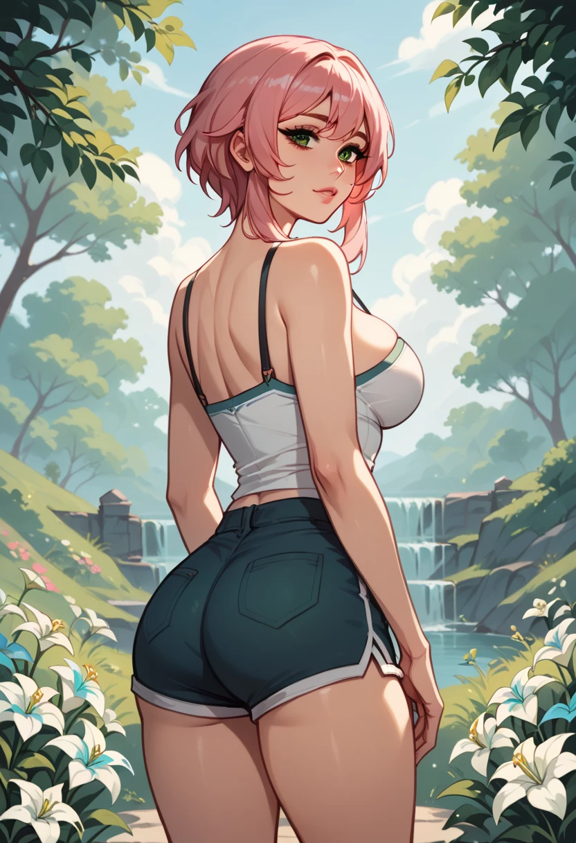 1 female. Bangs hairstyle, face, green back, smile face, Big Breasts, Thick-rimmed glasses. (detailed black rim glasses). 22-years-old beautiful female. Stand. Put the hand on the bicycle handle. thick pants
