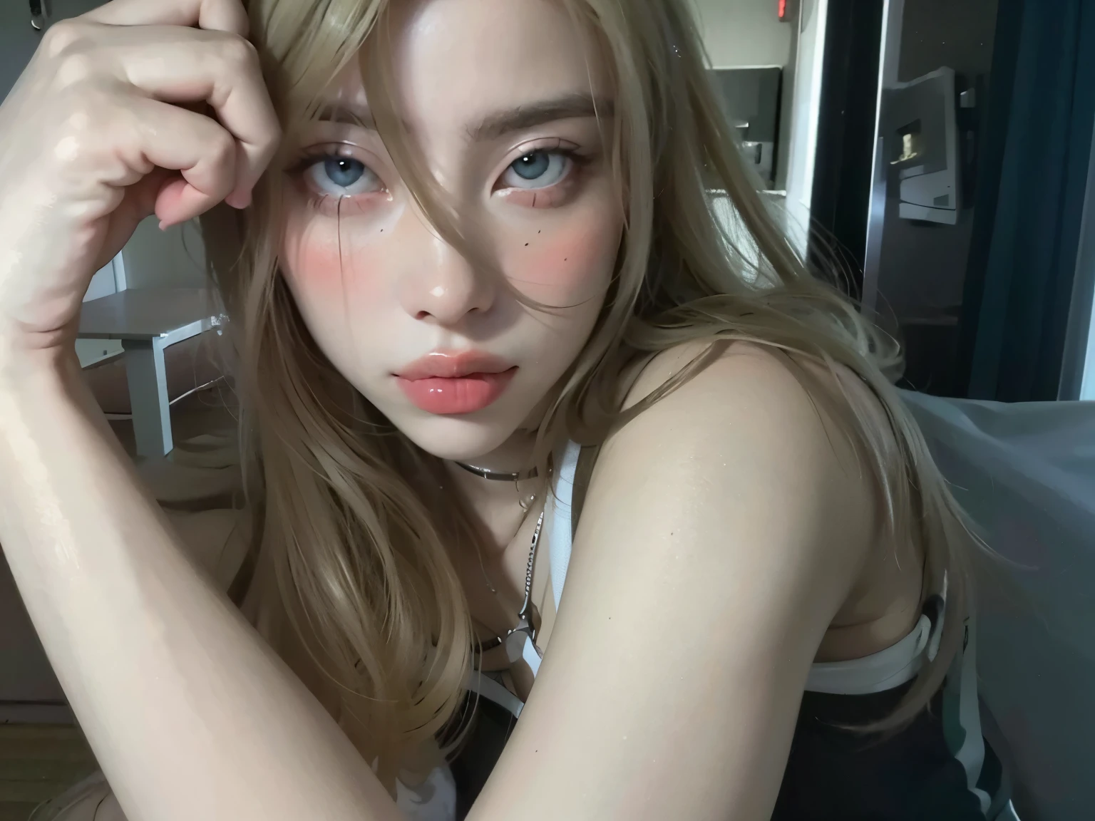 blonde woman with long hair and piercings posing for a photo, with black long hair, with long black hair, perfect white haired girl, ava max, tifa lockhart with black hair, pale porcelain white skin, anime girl in real life,  with black hair, extremely black hair, very black hair, with long black hair, her hair is black