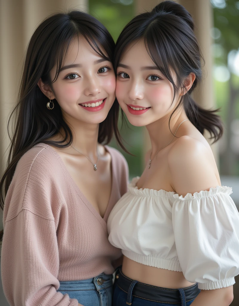 Two women taking a photo,Travel abroad,looking at the camera,smile,(Highest quality:1.4),(masterpiece:1.4),(Realistic:1.4),(Realistic:1.2),(超High resolution, RAW Photos:1.4),(High resolution, Super detailed:1.2),(8K:1.2)