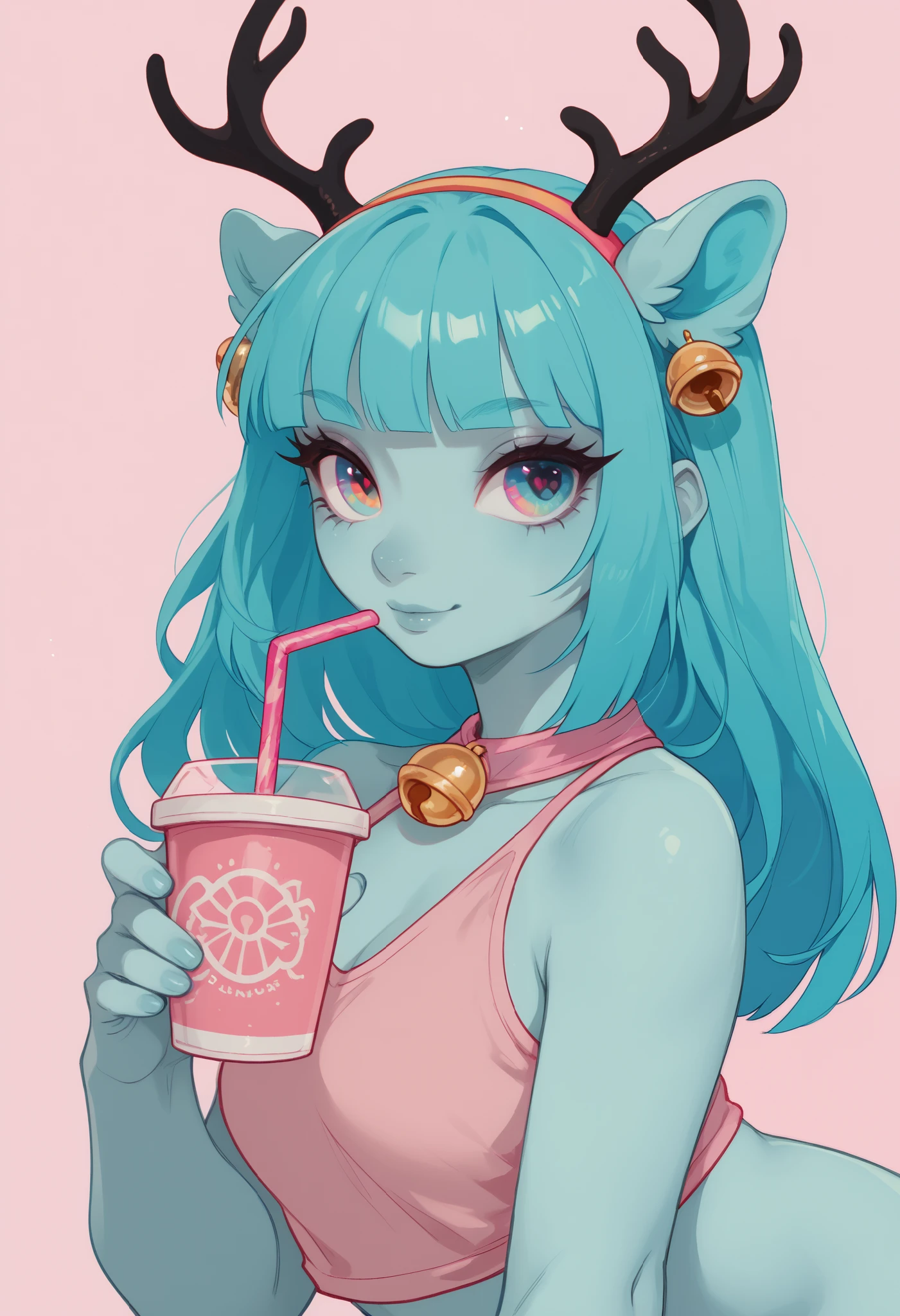 score_9,score_8_up,score_7_up,score_6_up,score_5_up,score_4_up holding cup, rainbow eyes, cyan hair, halter top,bell bottoms, hime cut, antlers, neon, colored outlines, glow, rimlight, pink background,