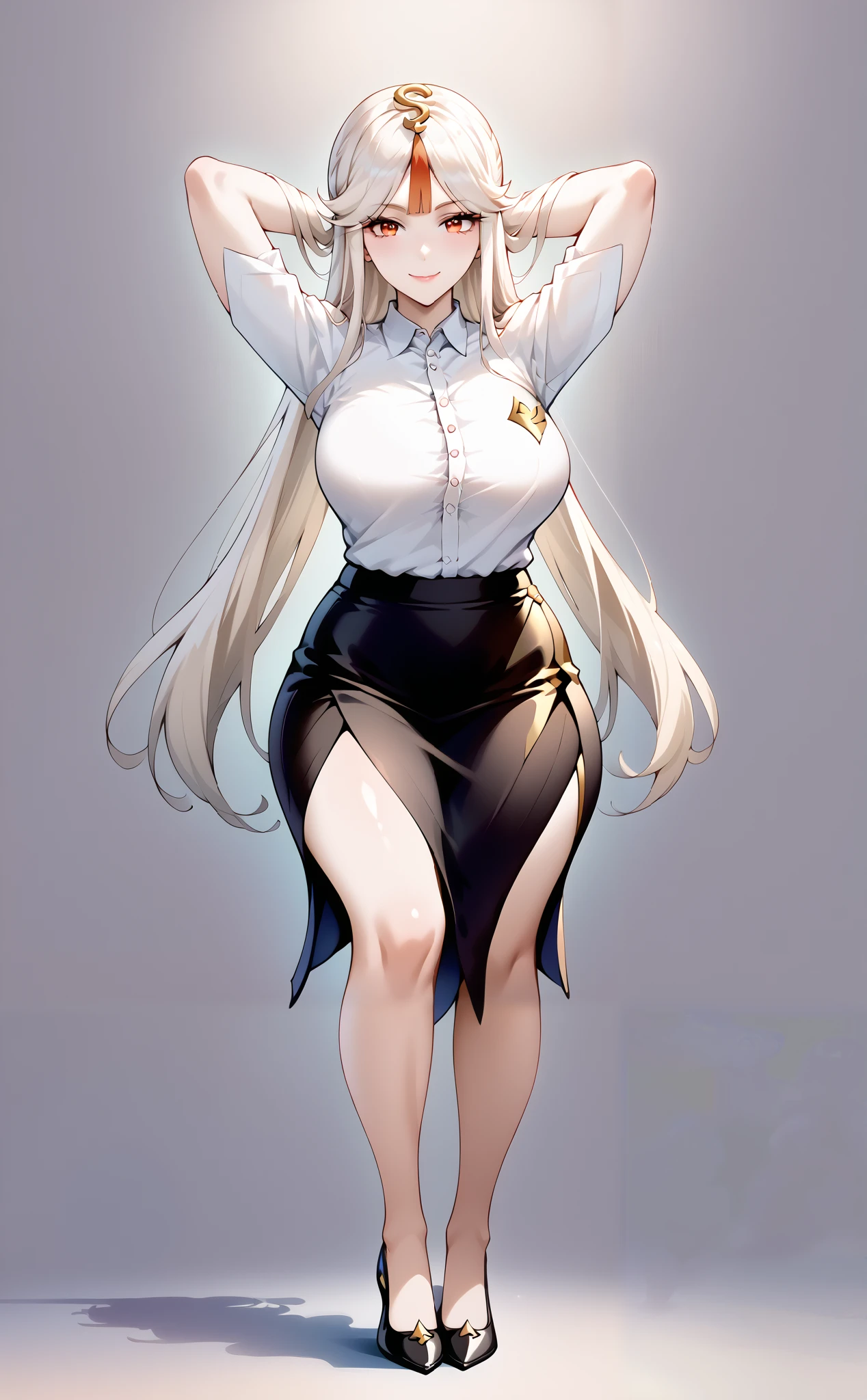 32k, best quality, ultra high res, HDR, UHD, extremely detailed CG, unity 32k wallpaper, work, highest quality, girl, long hair alternative, absurdly long hair, blonde hair, bow hair, Aqua Eye, Captivating smile, tongue, Iris, Long eyelashes, Big Breasts, Mole on chest, White shirt, Black short skirt, shoes, meanwhile, hair ribbon, flower ribbon, hair_ribbon, hair_ribbon, hair_flower,