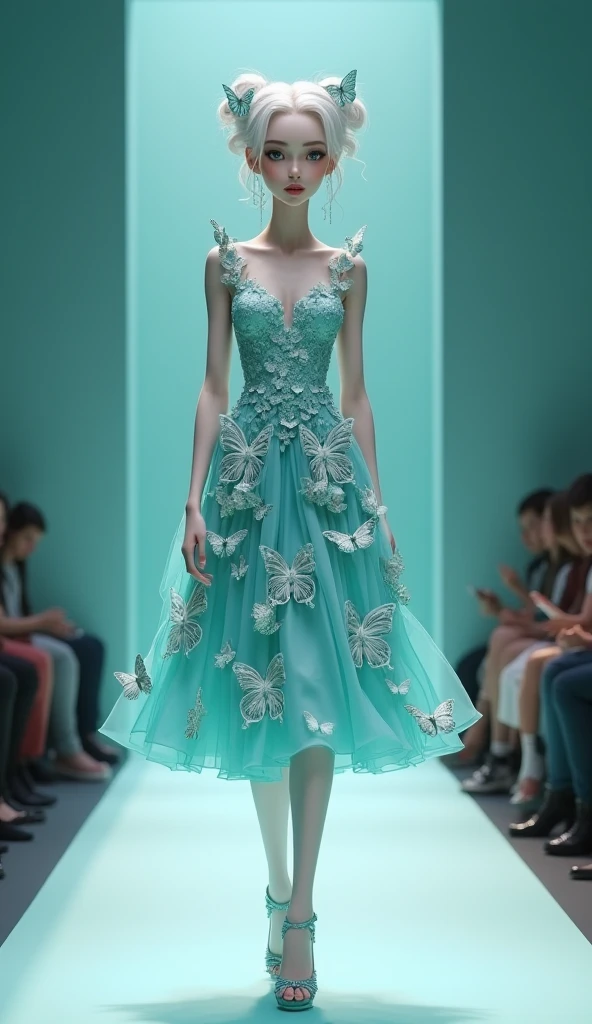 a model wearing a breathtaking gown that captures the essence of a dragonfly. The gown features a form-fitting silhouette with a flowing, high-low skirt. The bodice is adorned with intricate beadwork and sequins, representing the shimmering colors found on the dragonfly’s wings. Delicate layers of sheer fabric drape from the shoulders, mimicking the dragonfly’s ethereal flight.