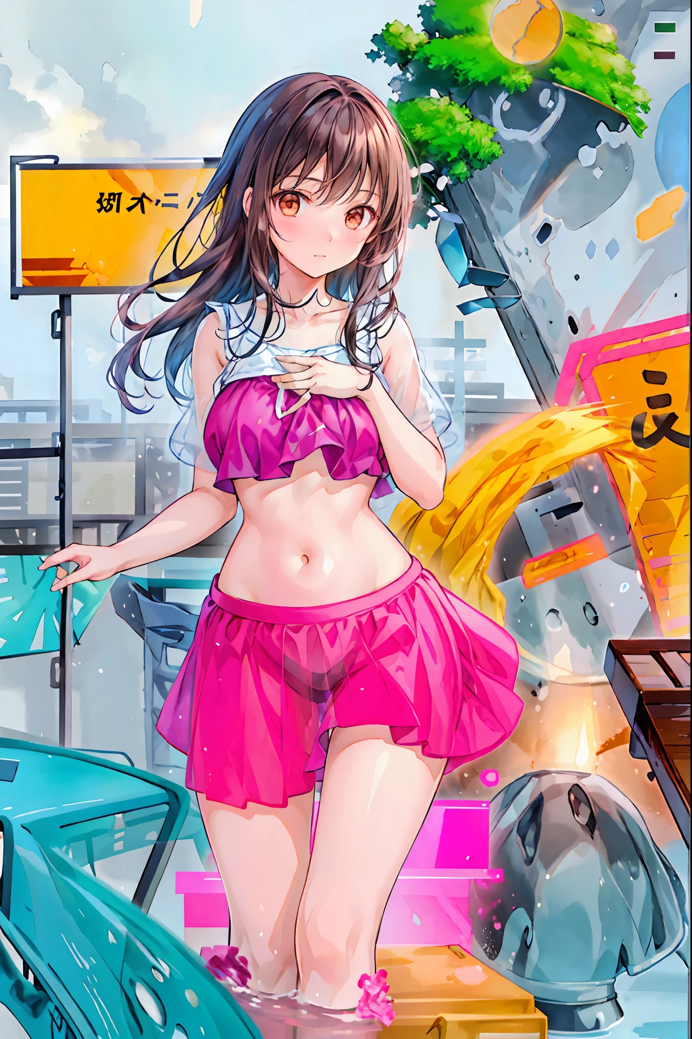 Nagino Sakura, brown eyes, brown hair, hair band, medium length hair, empty eyes , Running, naked, big anime eyes, , shiny hair, bare-skin, navel, the groin, BREAK in front of convenience store, large breasts, blank look, Nipples, nsfw, nipple , (Sweating profusely, Love juice, Wet Woman, female ejaculation) ,, Flooding. sea. solo, Peeing, lactation, projectile lactation