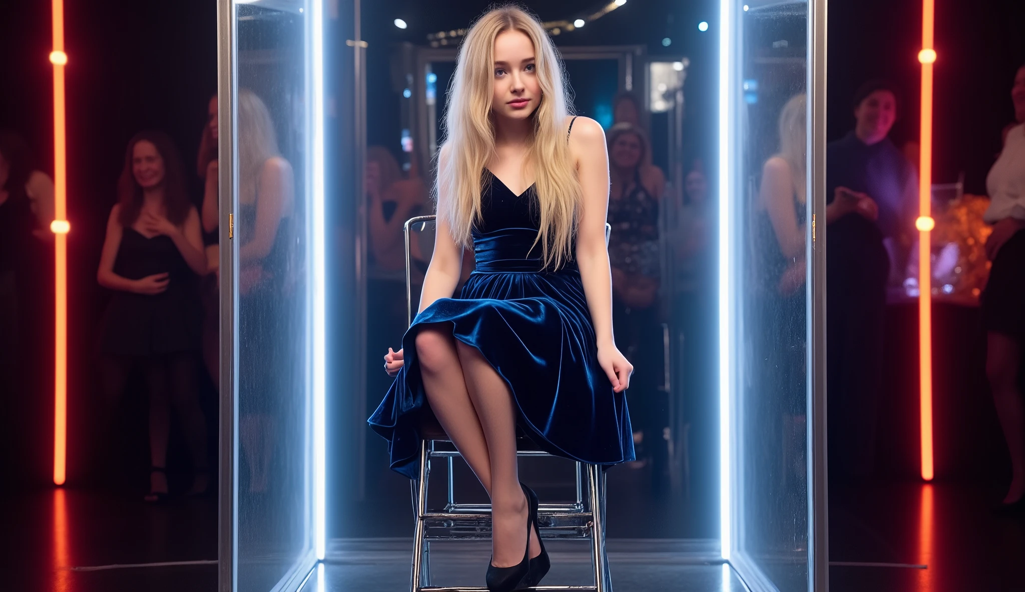A photorealistic image of a beautiful young 18-year old girl with very long, straight blonde hair and wearing a dark blue velvet dress and black high heels, sitting on a folding chair inside a plexiglass cabinet. The cabinet door is closed in front of her. Game show setting. Full body shot.