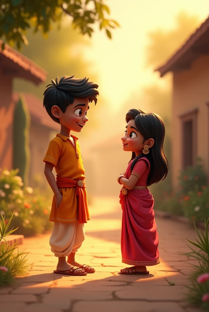 A boy in lungi UpTo knee with inner half coat and a white shirt and a girl in cultural full length lungi with a t black color less t shirt and coin garland and small eyes both of them and