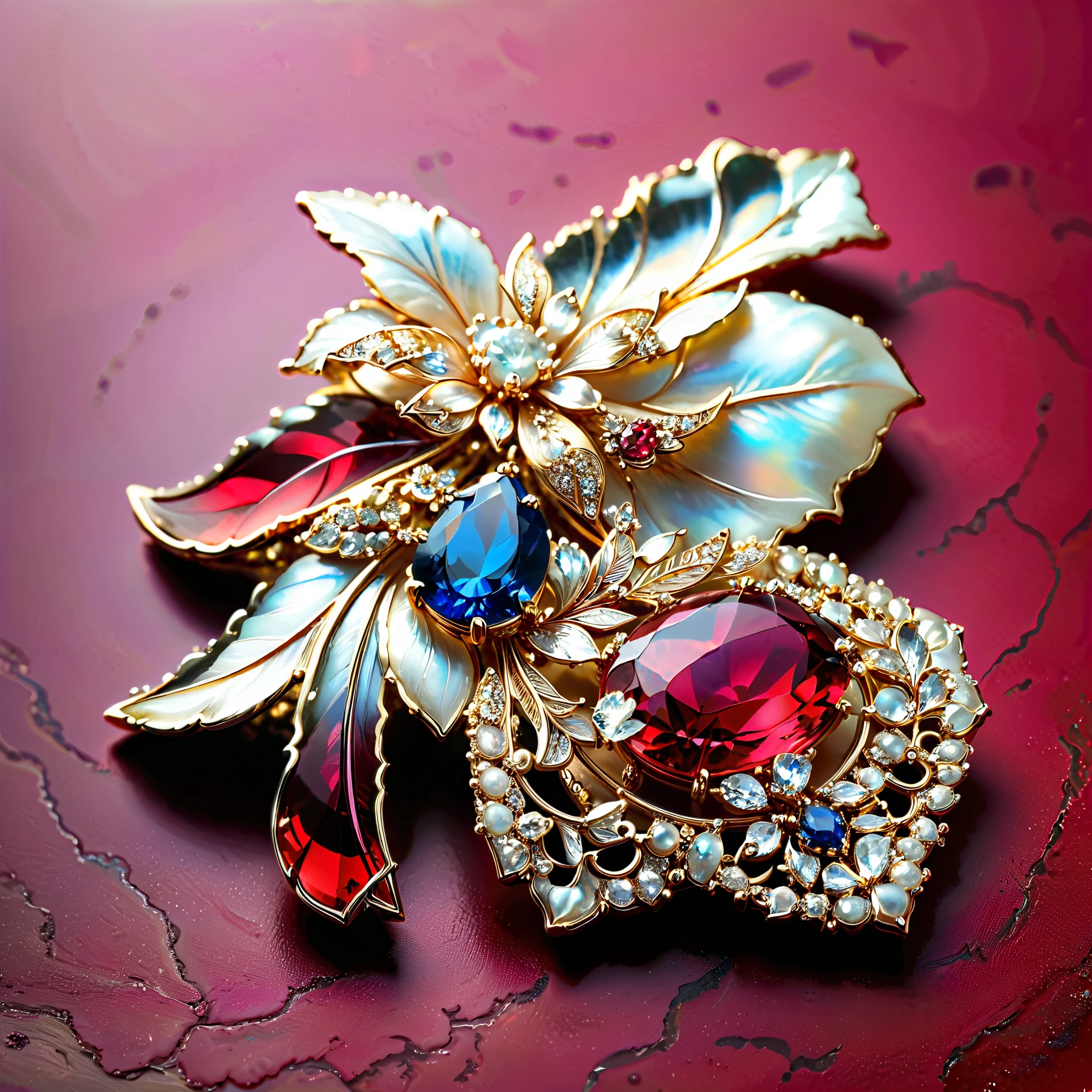 masterpiece. exquisite brooch , Depicts a red Malagasy tourmaline , precious gemstone . Exquisite craftsmanship . high quality . excellent improvement . (( super detailed )). Table decoration , and beautifully decorated mother-of-pearl jewels , opal, ruby. lapis lazuli. masterpiece hors norme. A gorgeous and authentic . ultra-realistic .. (( red background ))