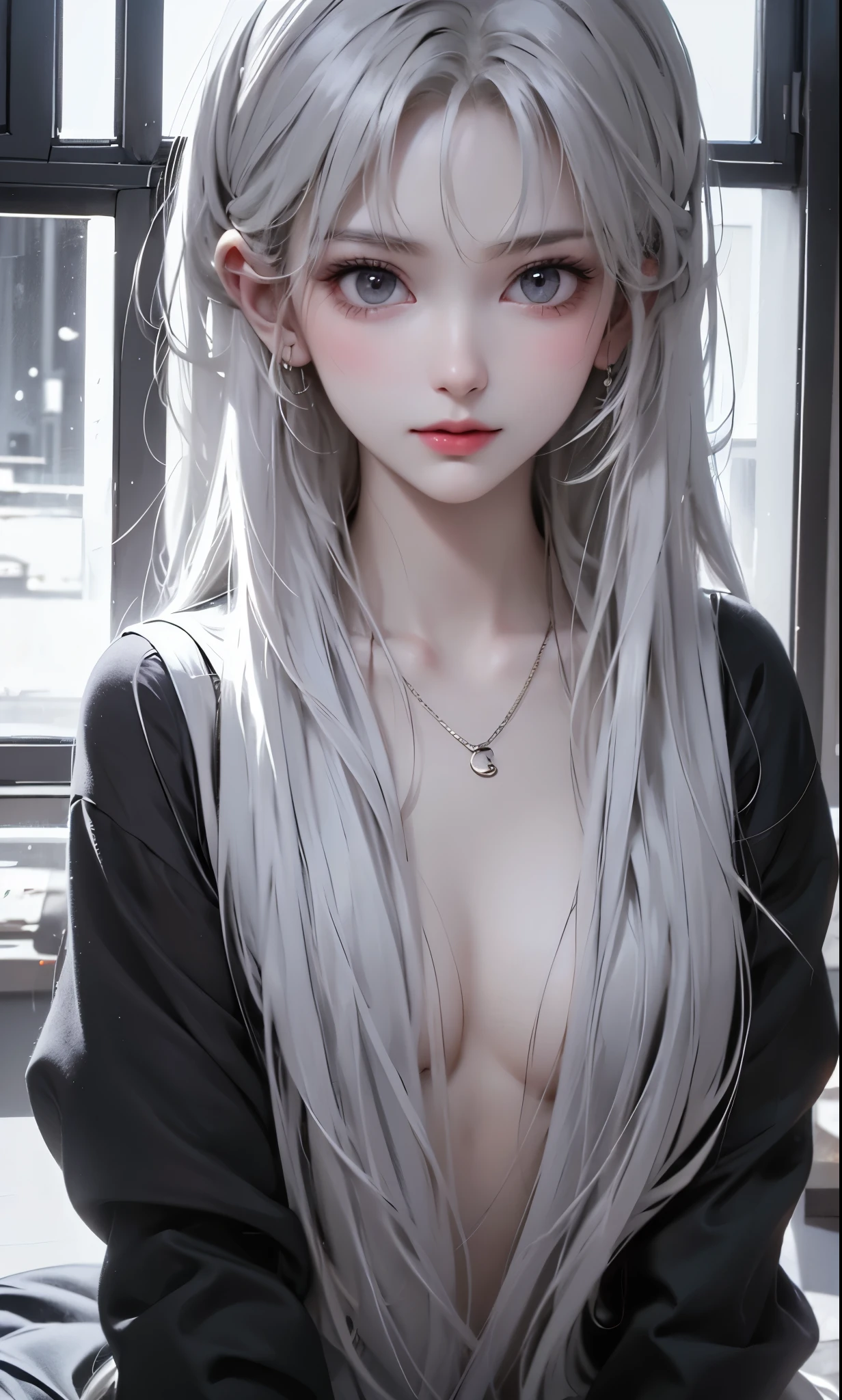 black and white color scheme, sexy girl , , small,Silvery Curly Hair、portrait、
