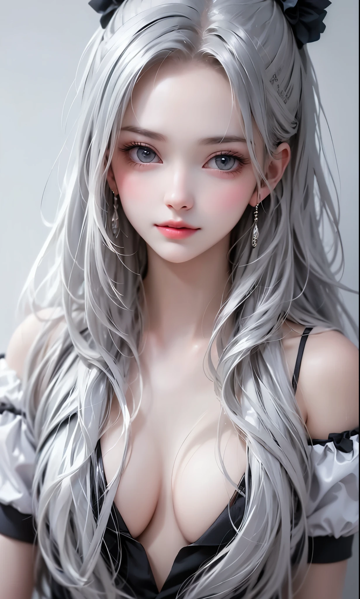 black and white color scheme, sexy girl , , small,Silvery Curly Hair、portrait、