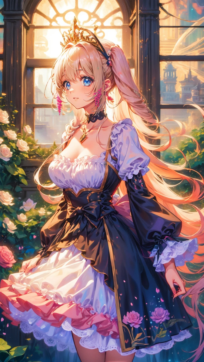 ((anime artstyle)),(Masterpiece),(Best Quality), (Super Detail),((Very Delicate and Beautiful)),(((Solo))),((full body)),(((1 princess in fancy lolita dress with voluminous full length hoop skirt))),((standing in garden)),Long train,(bling-bling gorgeous gemstone jewelry),detailed face and eyes,jewel-like eyes,cry,((large amount of straight hair,extremely voluminous Very Long Straight Hair)),((gigantic tits,Long tits)),cleavage,(gorgeousfull embroidery and lace),gorgeous corsage,See-through,((extremely gorgeousfull lolita hair ornament)),bling-bling extremely gorgeousfull jeweled tiara,ornate ruffles,beautiful embroidery,(hoop skirt,crinoline),flowers, flower petals flowing,((Dynamic Angle)),Looking at viewer,((full body)),sweet lolita dress with voluminous full length hoop skirt