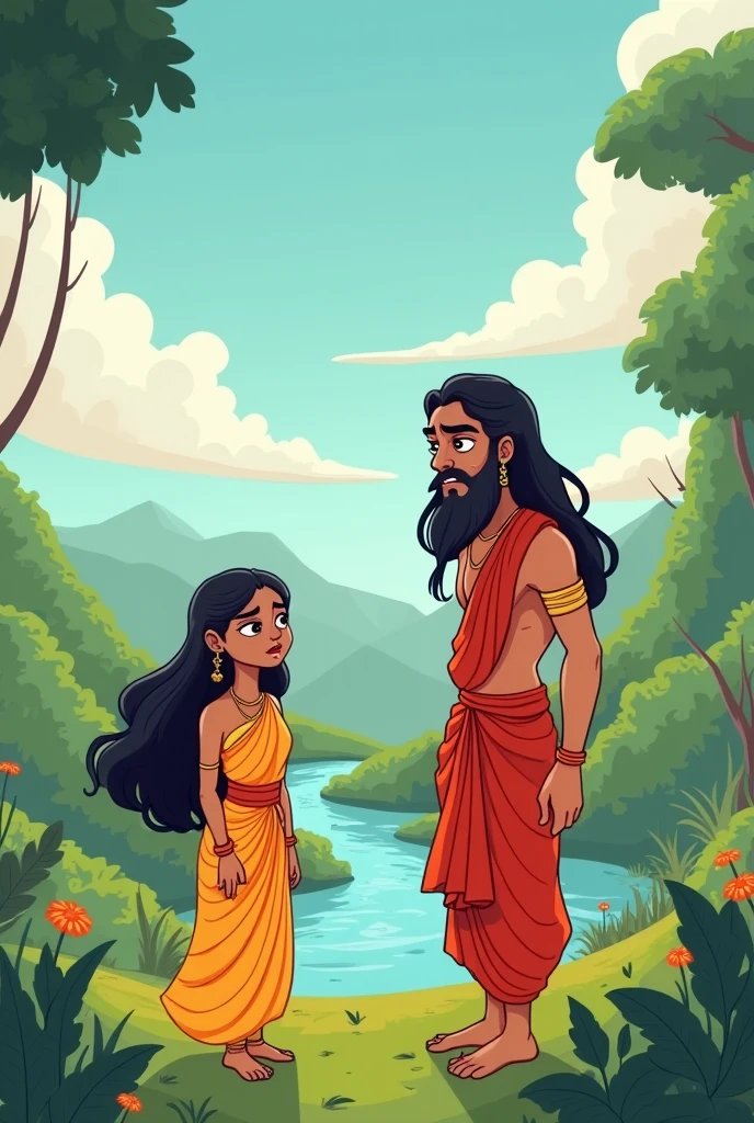 in cinematic cartoon style -scene from the Ramayana. The setting is the lush, green forests of Panchvati. Lord Rama, dressed in simple yet elegant clothing, stands calmly with a poised stance. Beside him is Sita, adorned in traditional attire, exuding grace and calmness. Lakshmana, with a stern and protective expression, stands next to them, holding his sword."