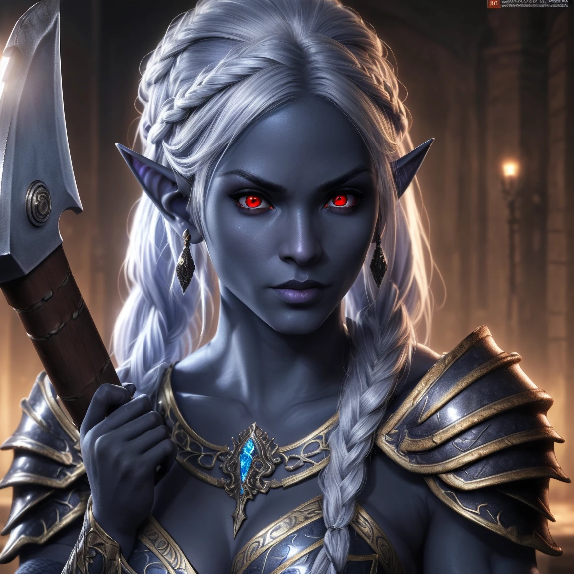 Beautiful female drow, rosto bonito, Evil countenance nice body, olhos vermelos, cabelo prateado, vestindo armadura, capa , 8k, extremamente detalhado, ultra realista