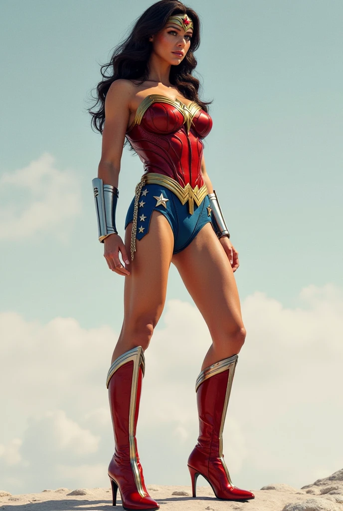 ((Full body photo, from below with feet on the ground)). Wonder Woman, (intricate details, makeup), (delicate and beautiful delicate face, delicate and beautiful delicate eyes, perfectly proportioned face), (realistically glowing skin: 1.0), delicate skin, strong and realistic blue eyes, realistic black hair, lips, makeup, natural skin texture, tiara, jewelry, star \(symbol\), leotard, bulletproof gauntlet, red boots, golden belt, (public clothing: 1.5), bare shoulders, slightly sunburned complexion, mature, sexy, Elasticity muscles, (muscles:1.2), ((strong and healthy body)), ((((more) muscles))), long legs, curves, (big breasts: 1.3), split, thin waist, soft waist, (delicate skin), (beautiful and sexy woman), (swollen lips: 0.9), (eyelashes: 1.2), very delicate muscles, perfect body, extremely exhibitionist, very tight on the body. ((standing on a church pylon, city background, night, city sign)). ((from head to toe, whole body)). Serious, clenched fist, fighting stance, 16K, high quality, high detail, award-winning high resolution, textured skin, anatomically accurate, masterpiece, accurate, UHD, (realistic and realistic photo: 1.37),