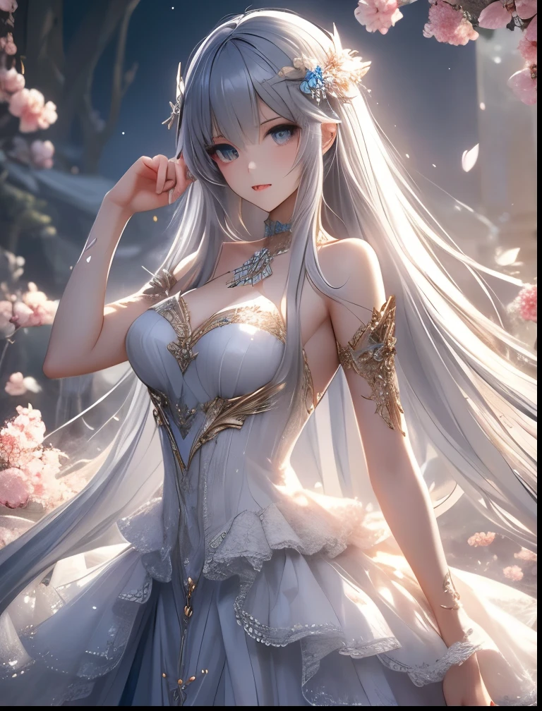 （（（ＳＦＷ、Accuracy、Highest quality、 A first-class masterpiece 、 Normal body 、8k、   detailed face 、 super precision 、   Normal Hands 、5 fingers、Highest、3d）））、『DeepOne - Zero and Infinite Fragments』、Frau、 beautiful girl、Gray Hair、 long hair、 slender、 slim、Big Breasts、 short、Young、 white dress 