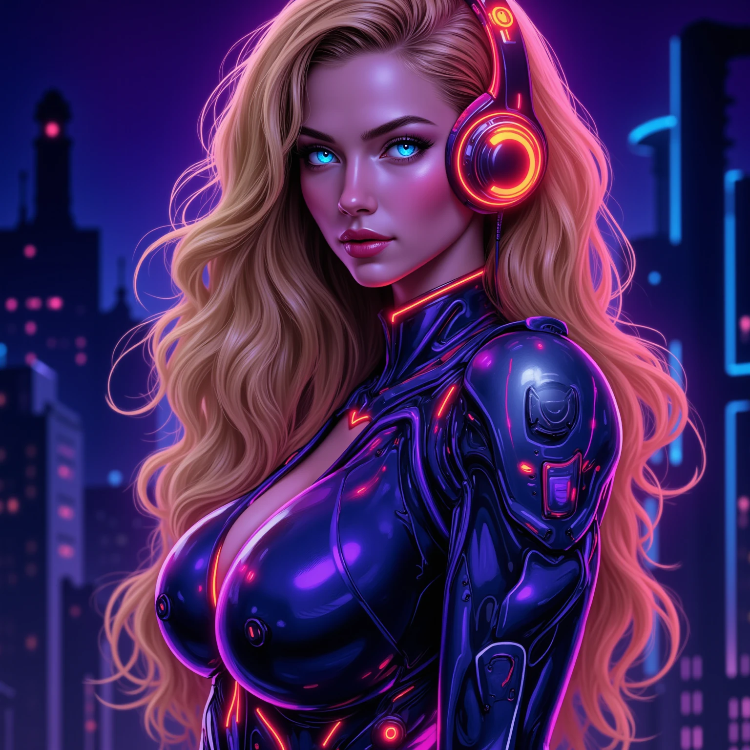 Marilyn Monroe in a cyberpunk setting, with neon lights, metallic textures, and a high-tech, futuristic vibe. Hyper-realistic photo, vibrant colors, 16k