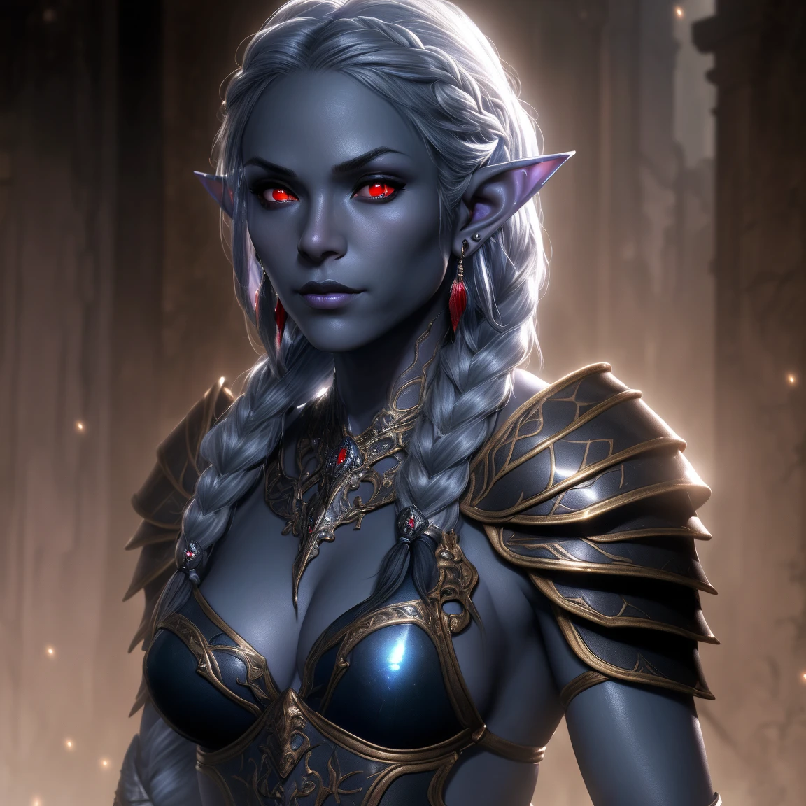 RAW photo, (high skin detail, A detailed eye:1.1), intricate details, Best Quality, 8K UHD, soft-lighting, elf, 1girl, colored skin, blue skin, midnight skin, red eyes, glowing scaly eyes, linen shirt, pants, cloak, Full clothes