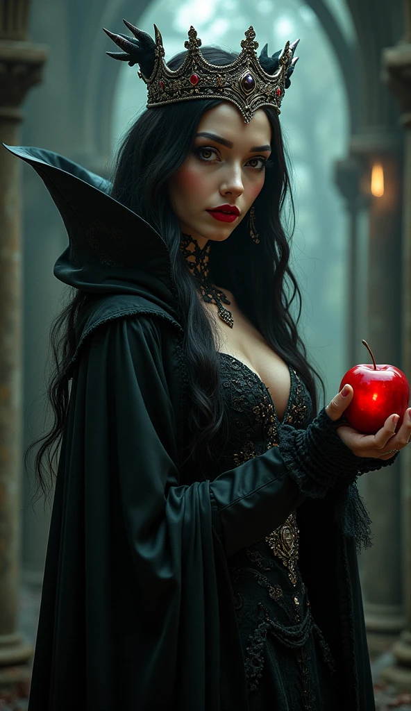 title: "Forbidden Fruit: A Dark Romance Tale"
artist: ((Master Artist: 1.4))
genre: Dark Romance
composition: 1:1.6
subjects: 1 short, skinny, sexy witch woman with purple hair, 1 man in a groom suit tuxedo
Style: ((Stylized Cover Art: 1.5))
description:
This alluring book cover grabs the audience's attention with its captivating scene. In the foreground, a seductive witch woman, dressed in a revealing gown and adorned with purple curls, holds an enticing apple, her seductive gaze locked on