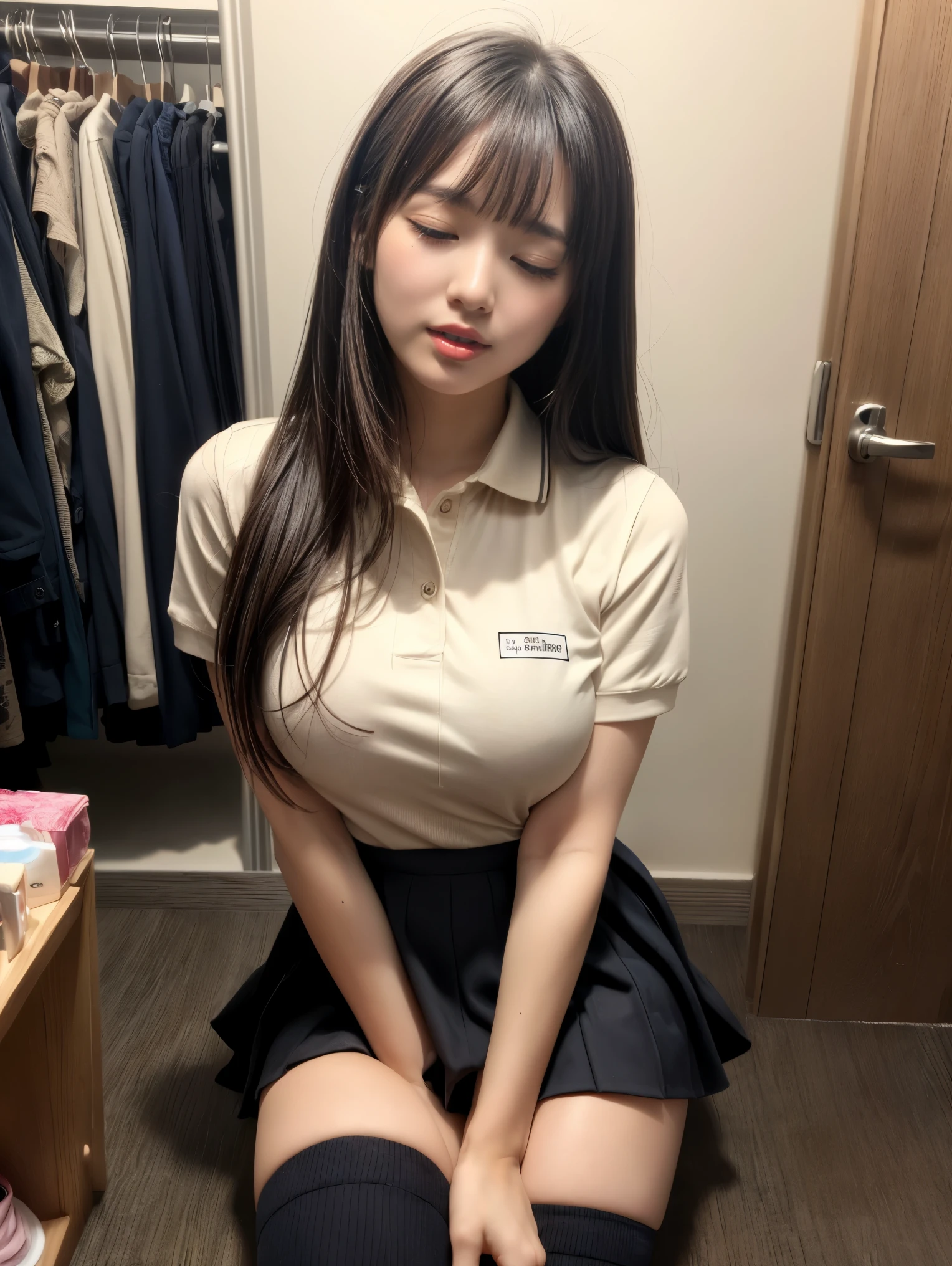 masterpiece, best quality, illustration, Super detailed, fine details, High resolution, 8K,wall paper, perfect dynamic composition,(Details High quality, realistic depiction of eyes:1.3),  (Polo shirt with collar), pleated skirt, knee high socks, twintails, Lying down, black hair color, Big Natural Color Lip, bold sexy pose, (perfect body shape), crying a little、cold gaze, Harajuku style、20 year old girl、cute type、lolita、beautiful legs, hotel room, hposing Gravure Idol, Voluptuous thighs
