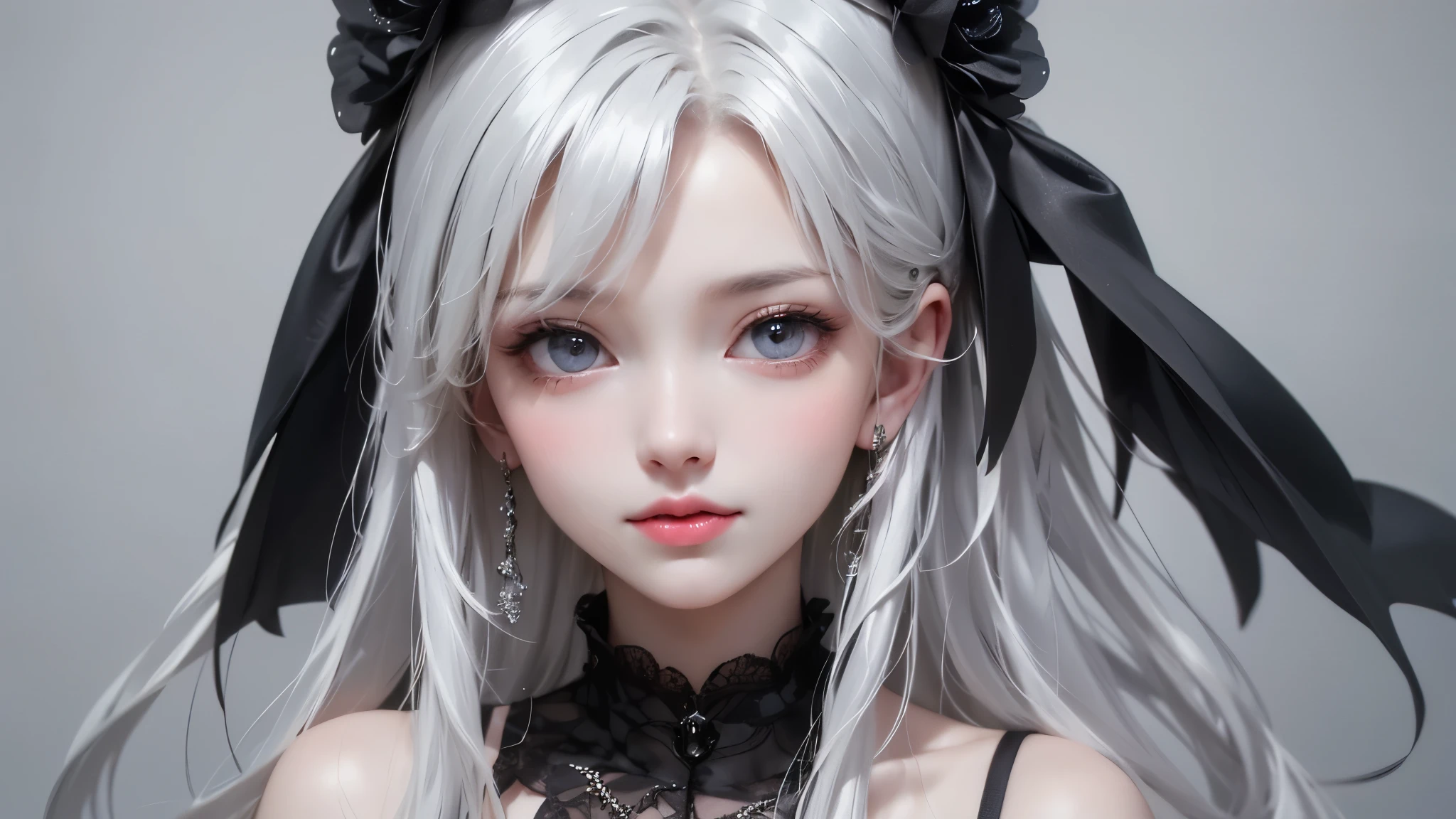 (digital art:0.2),(geometric art:1.7),(top-quality),(masterpiece),Delicately drawn face,girl with a pretty face,beautiful detailed blue eyes,Gothic Lolita Fashion,((Black and white costume)),(Beautiful silky silver hair:1.2),black ribbon hair ornament,Film Lighting,abstract,a beautiful artistic illustration,geometric background