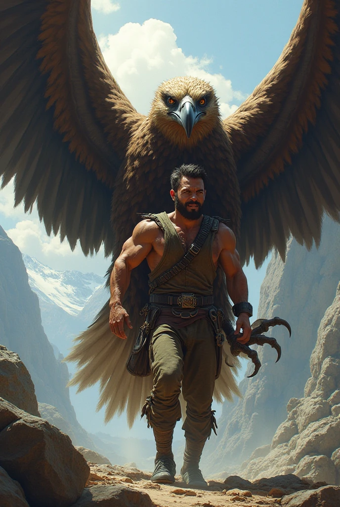 1 muscular man, heroic pose, fighting against metallic birds, highly detailed, cinematic composition, dramatic lighting, vibrant colors, digital art, concept art, 8k, photorealistic, intricate details, dramatic shadows, dynamic action, powerful expression, epic fantasy, cinematic atmosphere