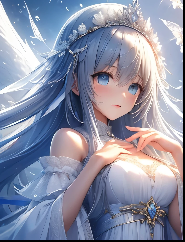 (((SFW、Accuracy、Highest quality、 A first-class masterpiece 、 Normal body 、8k、 detailed face 、 super precision 、 Normal Hands 、5 fingers、Highest、3d)))、『DeepOne - Zero and Infinite Fragments』、Frau、 beautiful girl、Gray Hair、 long hair、 slender、 slim、Big Breasts、 short、Young、ultra-thin white transparent simple dress、Put your hands together on your chest and pray