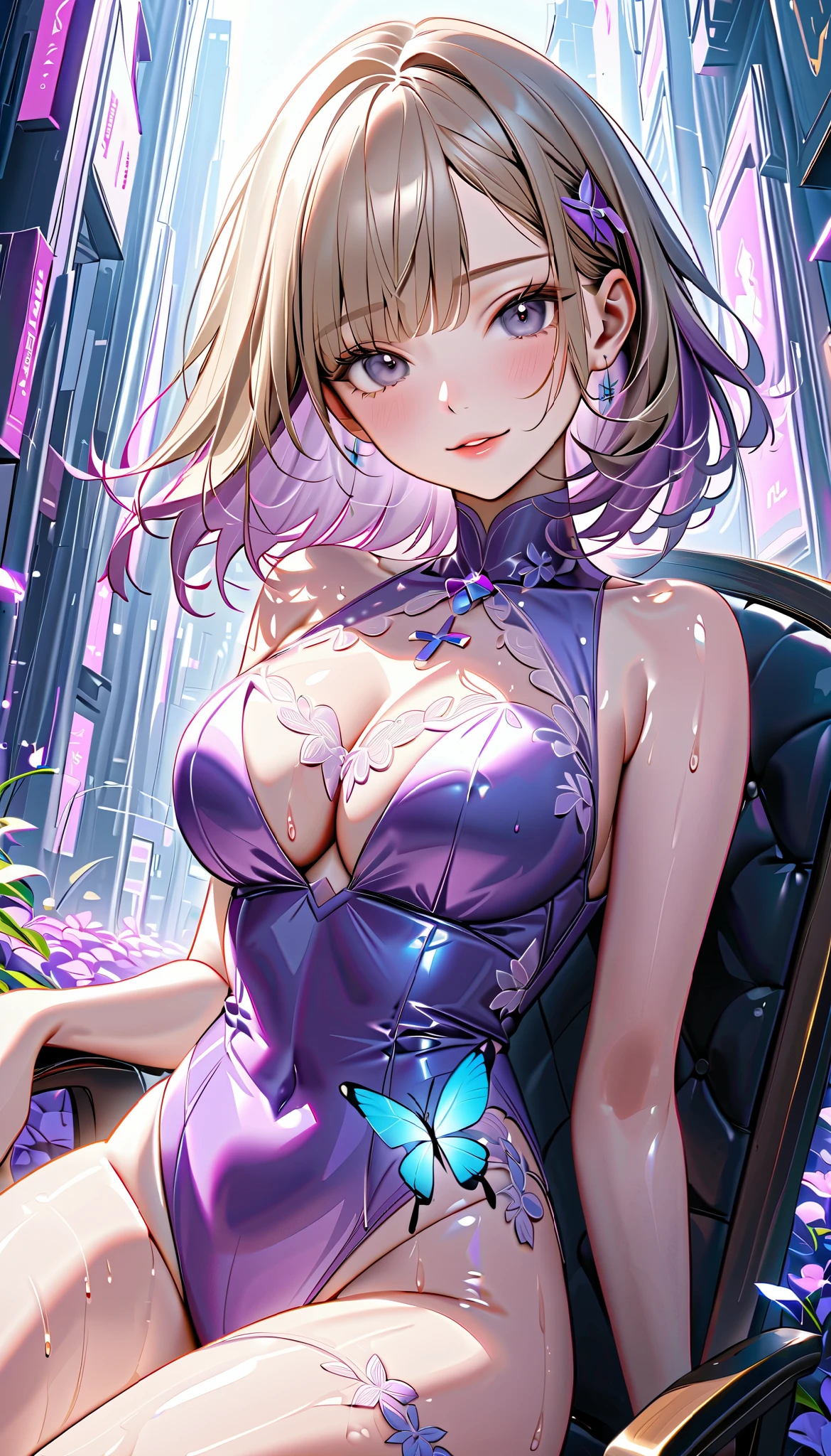 bowed legs 、 standing、 cyberpunk. cinematic cyber neon city 、 long white blue gradient hair 、 たくさんのShine心が踊る 、 open .( PREMIUM LATEX PINK RUBER OUTFIT、CRYSTAL CLEAR PURPLE BUTTERFLY EMBROIDERY :2.2) was excited白い息、 、Koetsu、 Flower Field 、Shine、saliva、 A dazzling light illuminates the subject 、 big breasted with a cross eye 、 wet skin 、 opens legs 、 、 Lift the composition from below 、(Silver-gray eyes)、 drool 、 Liu Hua Street 、nsfw.、 1 female , ( focusing on lower body , Picture of a gentle smile :1), beautifully depicting a woman with a gentle expression 、 ( soft natural metallic gold hair color ), Natural Light to Illuminate Your Mouth 、 , soft, short, wavy hair 、 Smooth skin , warm light shines in, Gentle look , long eyelashes , soft lip line , Natural three-dimensional effect , A mean look , ((masterpiece)), (( top quality )), ( very detailed bust ), ( very detailed bust )), 4K, (8k), you are so beautiful sitting on a chair , absurd, sweat、 steam. was excited 、Winter sparkle