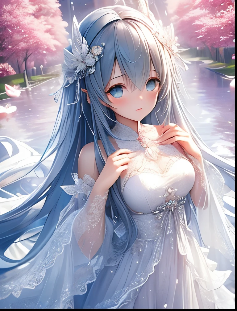 (((SFW、Accuracy、Highest quality、 A first-class masterpiece 、 Normal body 、8k、 detailed face 、 super precision 、 Normal Hands 、5 fingers、Highest、3d)))、『DeepOne - Zero and Infinite Fragments』、Frau、 beautiful girl、Gray Hair、 long hair、 slender、 slim、Big Breasts、 short、Young、clear、pure、pure、Innocence、ultra-thin white transparent simple dress、 Put your hands together at the chest and pray