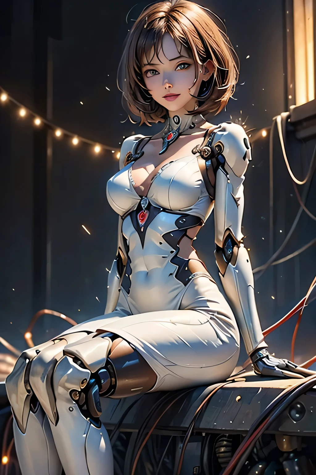 (((Sparks fly))), (((Highest quality))), ((Very detailedな)), (High-definition CG illustrations), ((Very delicate and beautiful)), Cinematic Light,((1 Mecha Woman)),alone,mature,(Ahegao),Big and ample breasts,Plump, whole body,(Machine made joints:1.2),((Mechanical marginal vessels connected to tubes),((Cervical vertebrae mechanically attached to the neck)),(((The crotch is open))),(Sitting),(wires and cables around the neck:1.2),(Overhead Wires and Cables:1.2)(Character Focus),sf,((Very detailed,colorful)),Best details, ((background：Basement where electronic equipment is stored))