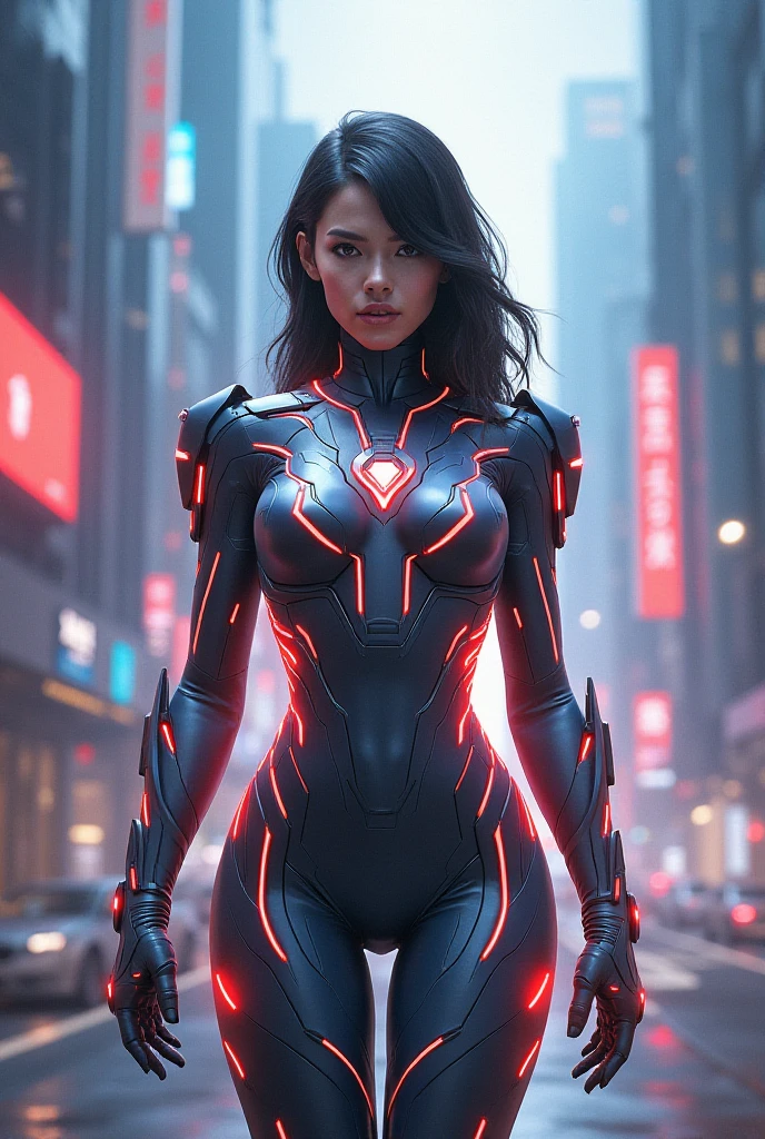 Ultrawoman, Japanese, female, 25 years old, red and silver, face reveal, black hair, big eyes 