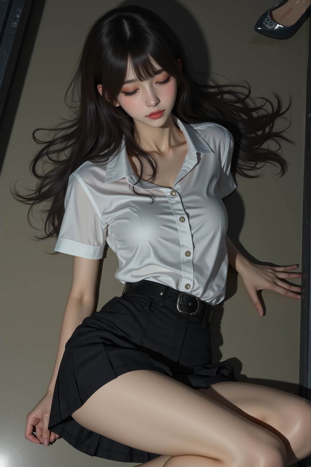 Photograph of a young Asian schoolgirl wearing school uniform, full body and legs, perfect body beauty: 1.4, ((long black fringe-cut and bangs hair, Big breasts: 1.3)((Realistic lighting, Best quality, 8K, Masterpiece: 1.3)), Clear focus: 1.2, ), (Outdoor, night: 1.2), City streets, ultra-fine face, fine eyes