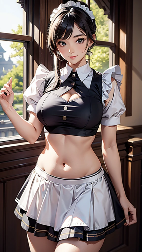 girl, Black short hair, blue eyes, Maid, big(((Full and soft breasts,)))(((巨big的乳房))) (((Cleavage))) (Perfect curvy figure), (, ( Short skirt