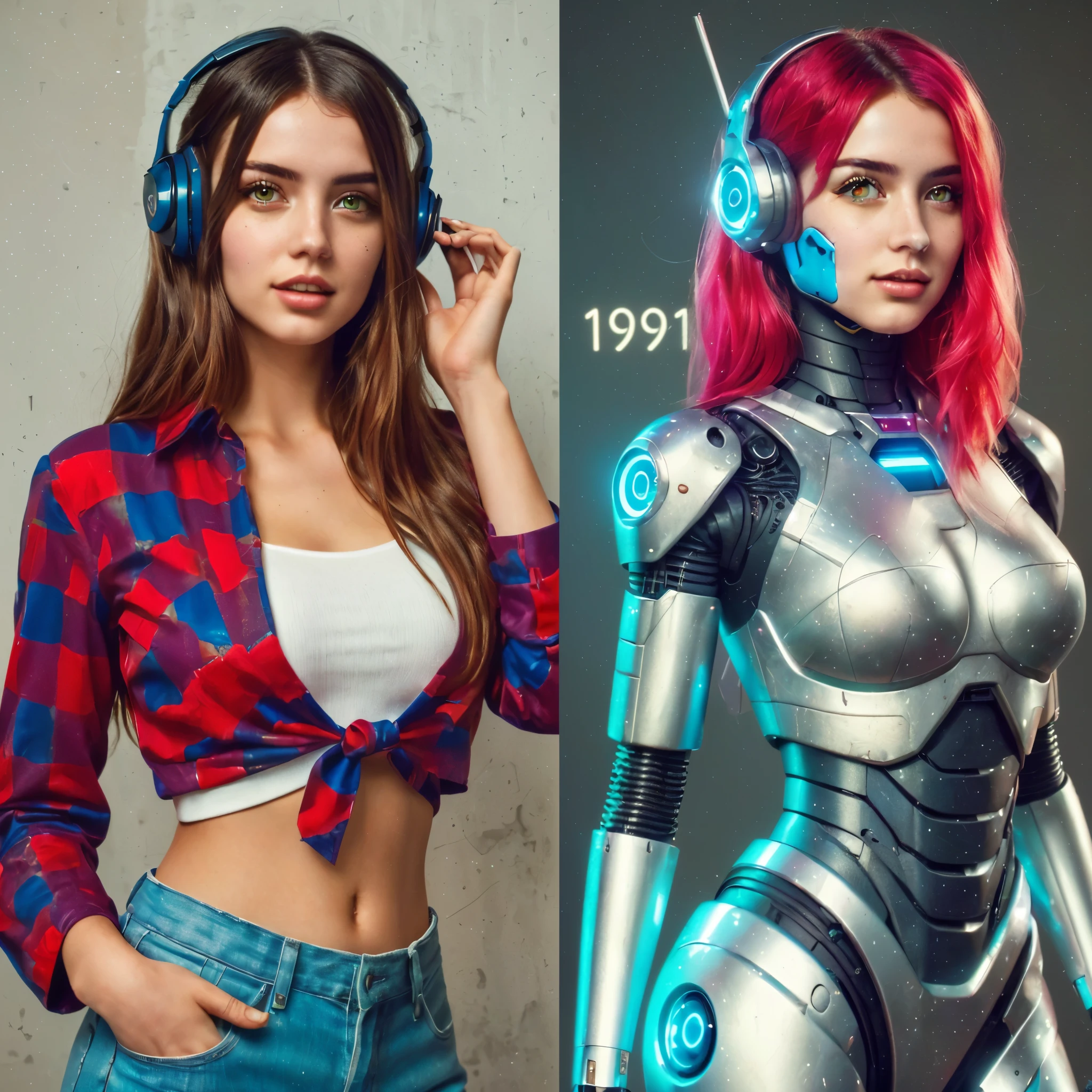 brazlilian, there are two pictures of a woman with headphones on and a robot, cyborg - girl, cyborg girl, cyberpunk 2 0 y. o model girl, cute cyborg girl, alena aenami and android jones, retrofuturistic female android, robot girl, 9 0 s cgi, as a retro futuristic heroine, beutiful girl cyborg, half robot and half woman, retro futuristic style