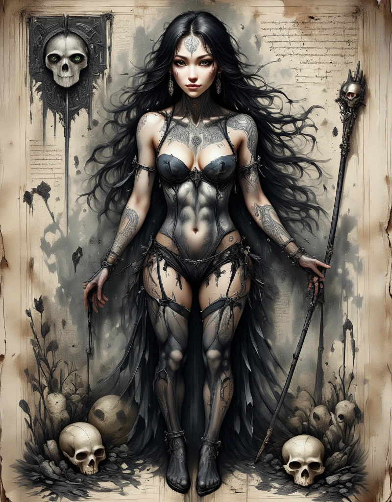 A creature of smoke, a face forms from the darkness, eyes of pure black, voodoo queen, seductive, full body arms at her side, very skinny and tall with large breasts