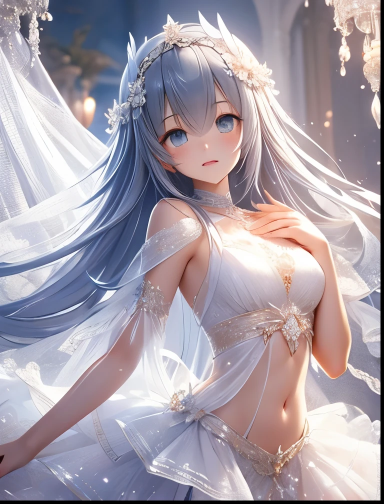 (((SFW、Accuracy、Highest quality、 A first-class masterpiece 、 Normal body 、8k、 detailed face 、 super precision 、 Normal Hands 、5 fingers、Highest、3d)))、『DeepOne - Zero and Infinite Fragments』、Frau、 beautiful girl、Gray Hair、 long hair、 slender、 slim、Big Breasts、 short、Young、clear、pure、pure、Innocence、ultra-thin white transparent sheer dress、Navel exposed、Put your hands together on your chest and pray、Near Future Facilities