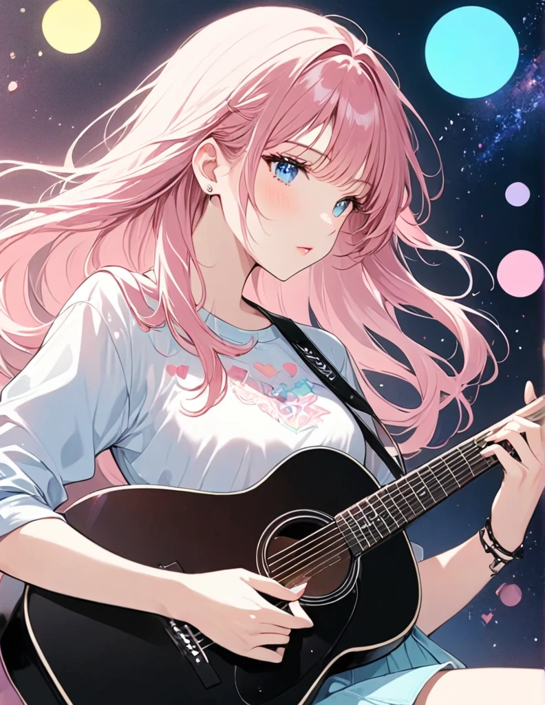 Black star pastel color style,   simple line initialism ，Abstract art ((( most beautiful girl in history ))), Sweet face. Lips in Love, Colorful hearts,  stylish design, Anime Girl  with pink hair playing a blackguitar , Nightcore, guitarist, ( Anime Girl ), Guitar solo, sayori,  anime cover , Lockout,  playing guitar ,  dreaming rock girl , Gwaiz,  Anime Art with Pretty Details ,  index finger, long hair, 