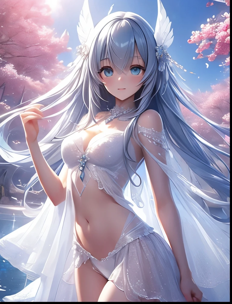 (((SFW、Accuracy、Highest quality、 A first-class masterpiece 、 Normal body 、8k、 detailed face 、 super precision 、 Normal Hands 、5 fingers、Highest、3d)))、『DeepOne - Zero and Infinite Fragments』、Frau、 beautiful girl、Gray Hair、 long hair、 slender、 slim、Big Breasts、 short、Young、clear、pure、pure、Innocence、ultra-thin white transparent sheer dress、Navel exposed、clasped hands on the chest、Near Future Facilities