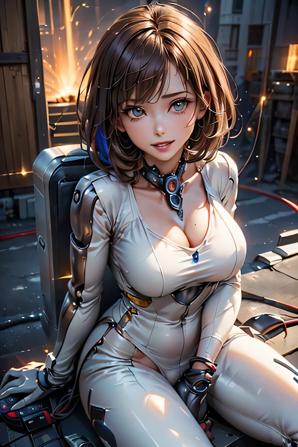 (((Sparks fly))), (((Highest quality))), ((Very detailedな)), (High-definition CG illustrations), ((Very delicate and beautiful)), Cinematic Light,((1 Mecha Woman)),alone,mature,(Ahegao),Big and ample breasts,Plump, whole body,(Machine made joints:1.2),((Mechanical marginal vessels connected to tubes),((Cervical vertebrae mechanically attached to the neck)),(((The crotch is open))),(Sitting),(wires and cables around the neck:1.2),(Overhead Wires and Cables:1.2)(Character Focus),sf,((Very detailed,colorful)),Best details, ((background:Basement where electronic equipment is stored))