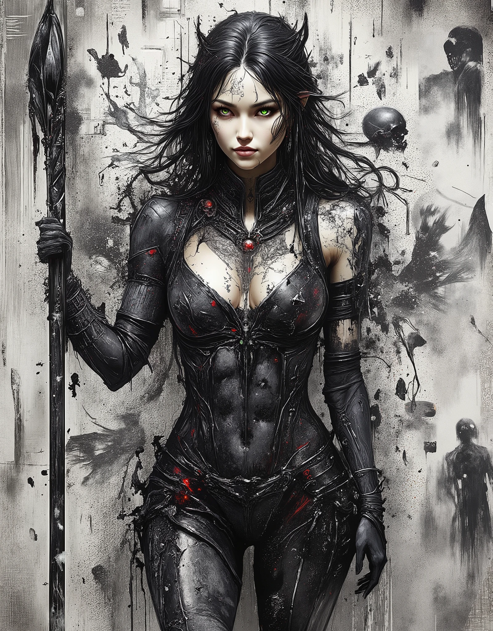 score_9, score_8_up, score_7_up, score_6_up,
fusion of watercolors and oil paintings, mix of monochrome and color, black ink. 4K quality, digital drawing mode,a sketch book with anatomically description of a dark beautiful female necromancer with long raven-black hair and glowing red eyes, wearing revealing tattered bodysuit with skeletal motifs, wielding a dark staff topped with a skull, standing in a crypt-like dungeon surrounded by ghostly apparitions, radiant skin with a faint, eerie glow, calm and unsettling sexy expression, full body, dynamic pose, life size, perfect anatomy, detailed skin texture, full HD, 4K, HDR, perfect anatomy, depth of field, nsfw.. Her expression is intense, with a slight smile. The textures are finely detailed, from the smoothness of their skin to the softness of their hair. The artwork combines elements of fantasy and gothic styles, with a focus on intricate details and a sense of depth and movement. clean line art, conveyed through expressive rough charcoal sketch marks on a distressed, old paper texture, with visible deckle edges and subtle tears, coming undone, into black ink, fading into the textured gray background. The woman’s bright, piercing green eye contrasts sharply against the chaotic patterns, evoking a sense of ethereal elegance.