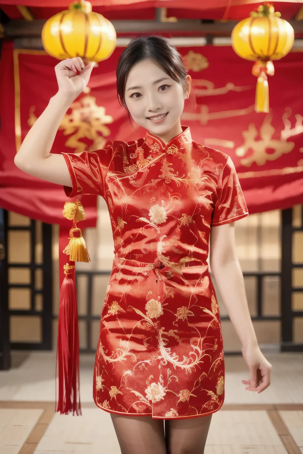 (( best quality )), ((masterpiece)), ( Details ), 1girl , 18 years old japanese girl, First person perspective , real person, 8k octagonal rendering , Shine Effect , Medium chest , wearing a red Chinese flag robe, Black Stockings,To everyone , celebrating the Chinese New Year ,Bangs, long hair, Open your mouth, Smile, in front of the Confucian Temple, celebrating the Chinese New Year , full body view, Alone