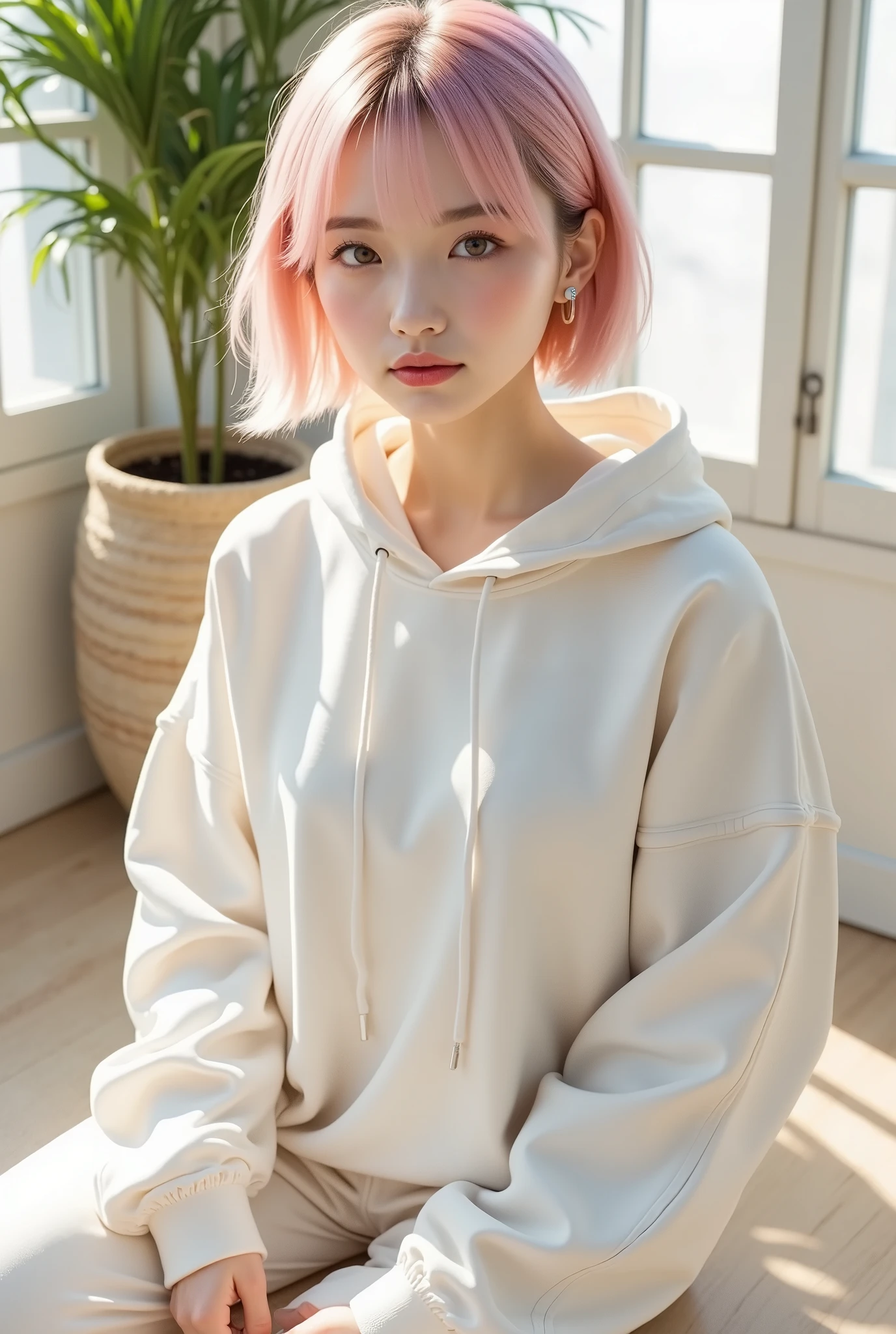 masterpiece, ultra-detailed, photorealistic depiction, cinematic lighting, soft pastel tones, a stylish young woman wearing a pristine, oversized white hoodie and matching sweatpants, the fabric rendered with lifelike texture and subtle folds that enhance the relaxed yet modern silhouette. Her pastel pink bob hairstyle shines with a soft glow, blending harmoniously with the muted tones of her outfit, creating a clean and minimalist aesthetic.
The room is softly illuminated by natural sunlight streaming through a nearby window, casting delicate highlights and shadows on her outfit. The reflective surfaces of the polished floor and window glass add depth and realism to the scene, while a green potted plant in the corner introduces a touch of natural color contrast that complements the overall composition.
The hoodie features intricate stitching along the seams, with a faint sheen that catches the light, emphasizing its high-quality material. The sweatpants' loose fit and flowing shape add a sense of comfort and elegance, while the soft bokeh effect in the background subtly blurs the room's details, keeping the focus on her outfit and serene expression. The balanced interplay of light and shadow adds depth, highlighting the curves and creases of the fabric.
Advanced techniques such as dynamic lighting, glazing, and vibrant color grading enhance the texture and softness of her outfit, while the muted background tones provide a calming atmosphere. Subtle glowing particles floating in the air add an ethereal touch, creating a serene yet sophisticated scene that showcases the beauty of casual fashion with elegance.