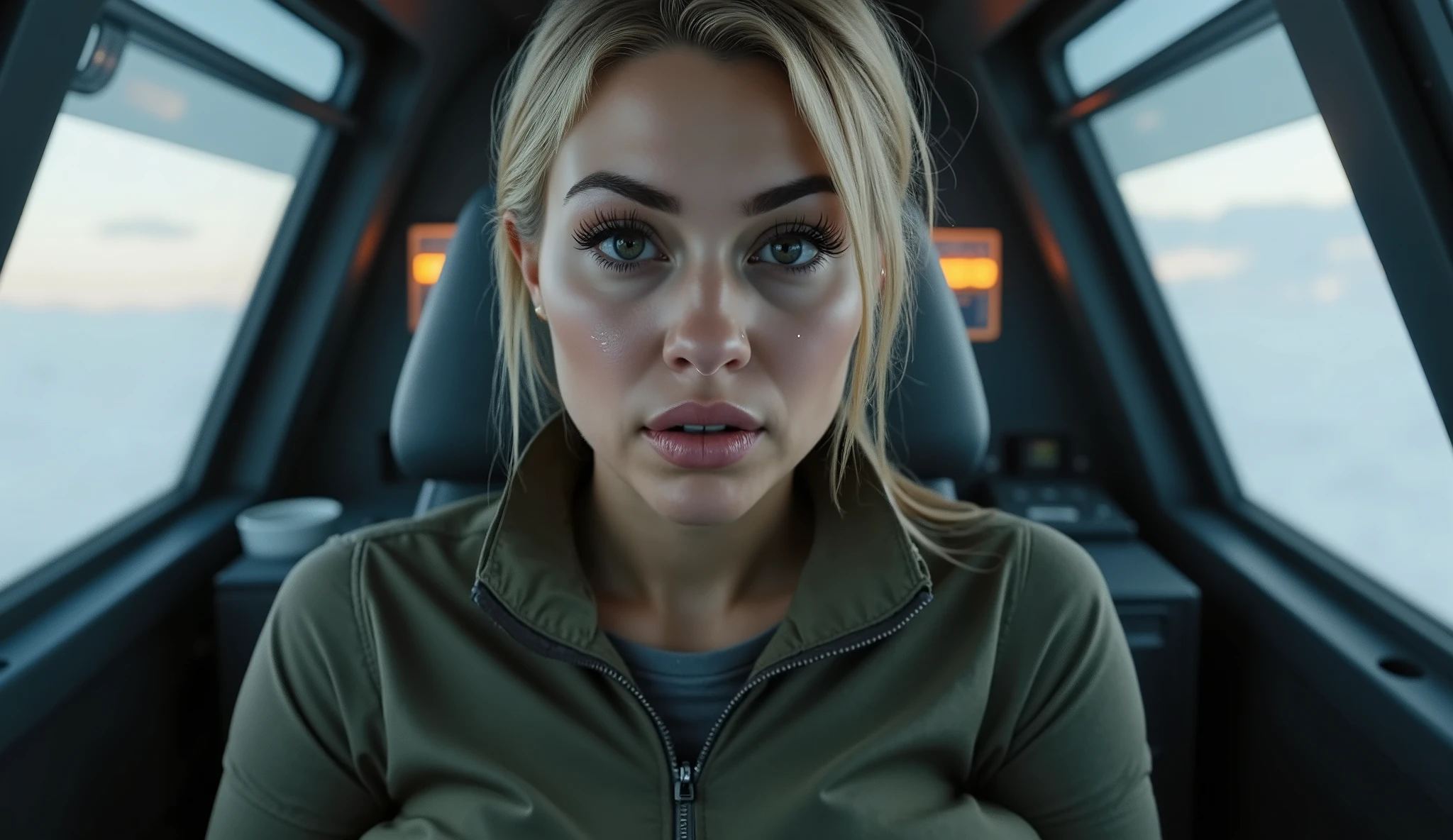 "A ite blonde woman, Stephanie, sits in the cockpit of a large aircraft, her expression a mix of determination and sorrow as she prepares to crash the plane into the ice. She is wearing a fitted olive-green tactical outfit, and her short hair is slightly tousled, reflecting the emotional weight of the moment. Tears glisten in her eyes, and a single tear rolls down her cheek, capturing the gravity of her decision. The cockpit is dimly lit, with flickering lights and a view of the icy landscape visible through the windshield. Cinematic close-up shot focusing on her face and the tears, with soft lighting highlighting her emotional struggle and the intensity of the moment."
