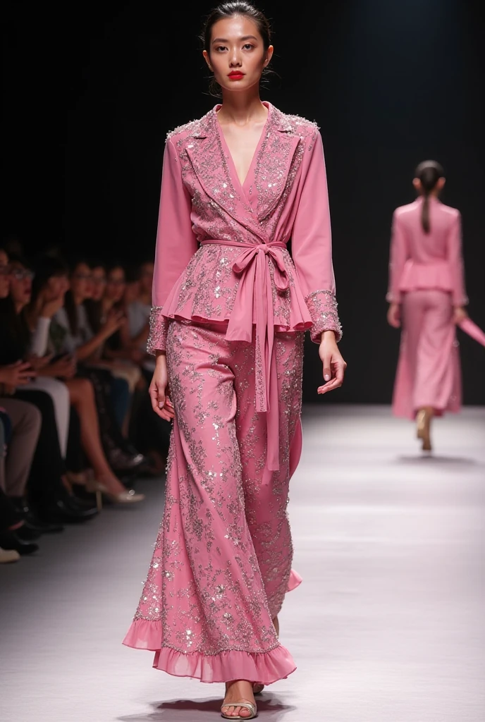 happy summer moslem fashion design by vera wang with colourful flowers in soft pastel pink colours and floral, wore by japanese female model, long flowy hijab, seen walking on catwalk, her hand on hip, black void background, soft silver particles, smokes and nice lighting, UHD, HDR, 8k, Masterpiece, realistic, hyper realistic. catwalk, facing straight to camera. hand on hip, full body