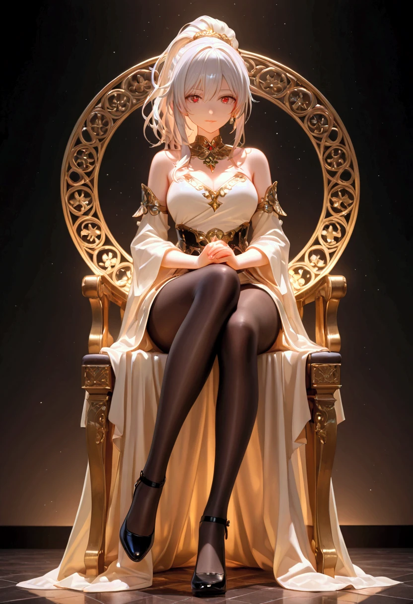 A photorealistic sexy and seductive Chinese woman，30 years old，large heavy breasts, (gloriously beautiful detailed face), Peach blossom eyes，Smoky makeup，Dark eyeshadow，Heavy makeup，white hair，Qi bangs long hair，(detailed face), jewelry，Bracelet，choker necklace，gyuru，(Luxurious gold-toned lace-trimmed high-forked sheer ((see-through almost transparent han dress))，Stiletto pointed toe heelare legs)，Sexual temptation，Teasing expressions，Lift skirt，sitting on a (royal throne)，sexual teasing，Sexual suggestiveness，((Spreading her legs)), A seductive (smile), happy laugh, luxury，Chinese court，Chinese style，Oriental flair，lamp lights，hyper HD，masterpiece，8K，best quality，accurate，anatomically correct，highly detailed character，Stiletto heelare legs, round and smooth bare legs，（8K，RAW photograph，best quality，masterpiece:1.2),（role）concept-art），full body concept，fine detail，center of screen, hair ornament, (((See-through dress))), trinkets, NSFW.